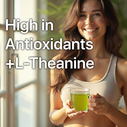 Smiling woman holding a glass of green tea, highlighting its antioxidant benefits, in a bright, natural setting.