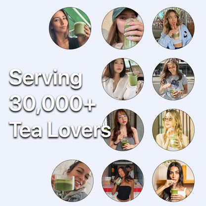 Various individuals enjoying green tea drinks, showcasing a vibrant social tea experience.