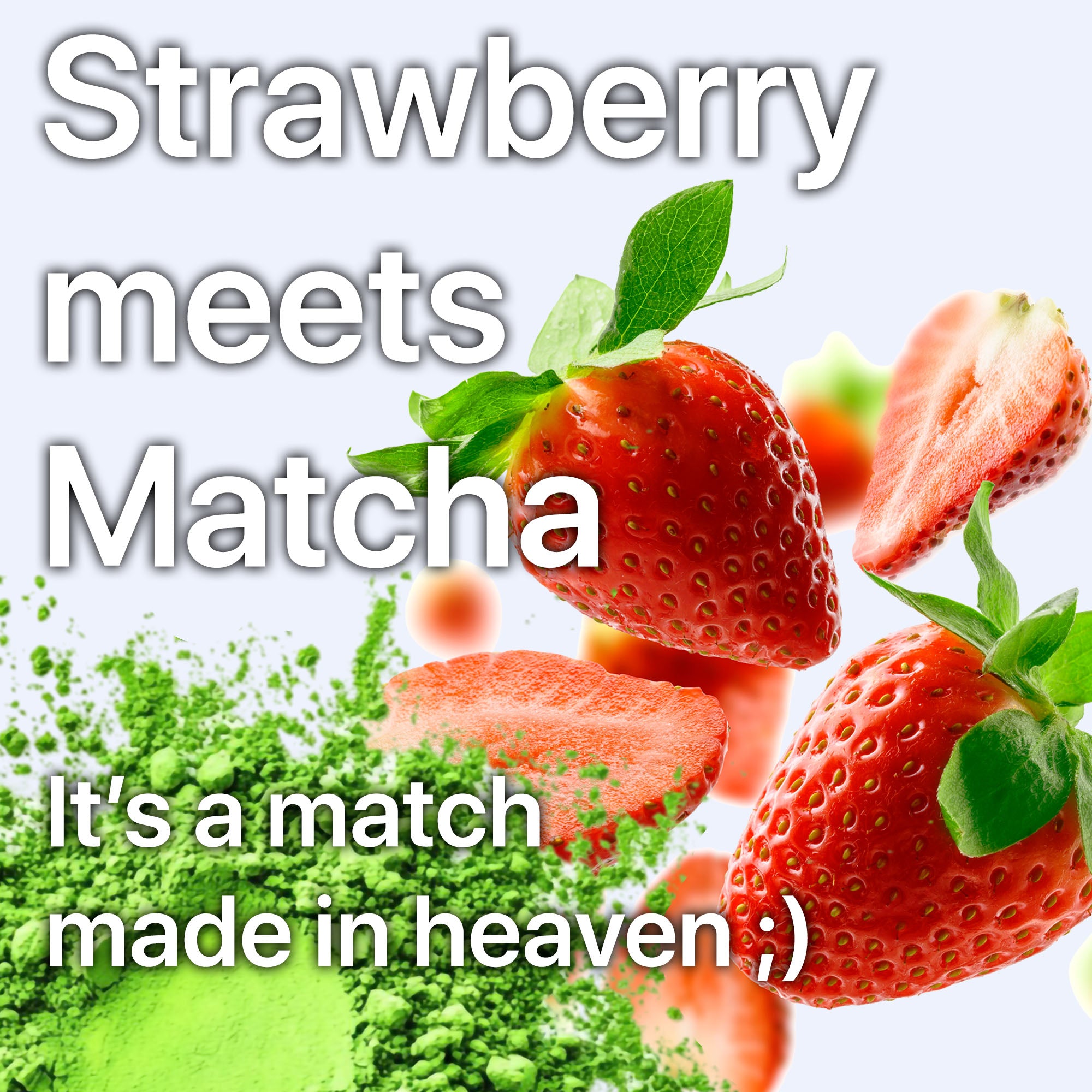 Organic Strawberry Ceremonial Matcha powder with vibrant green color and fresh strawberries, by ONE WITH TEA.
