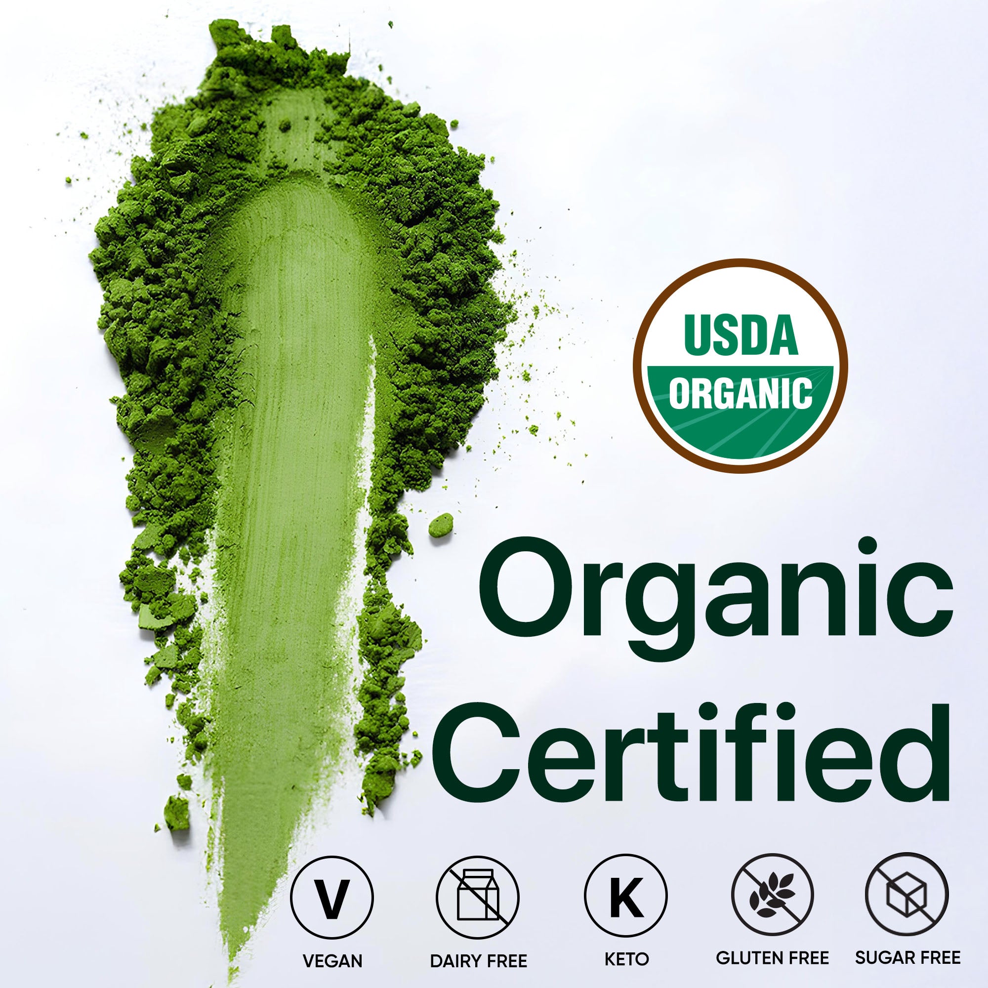 Organic ceremonial matcha green tea powder from ONE WITH TEA with USDA organic certification, showcased in vibrant green col