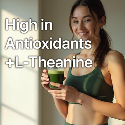 Organic ceremonial matcha green tea powder by ONE WITH TEA in a glass, highlighting its vibrant green color and antioxidant 