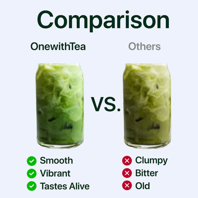 Comparison of smooth, vibrant iced matcha drinks from One With Tea versus clumpy, bitter alternatives