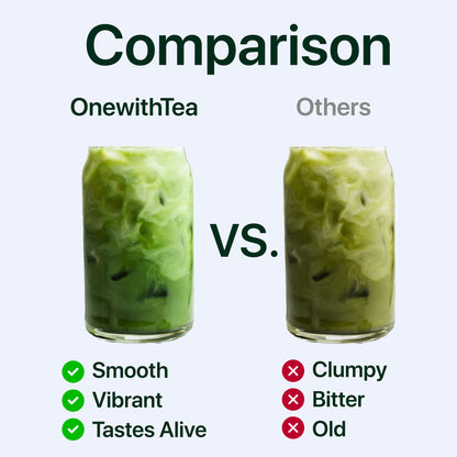 Comparison of smooth, vibrant iced matcha drinks from One With Tea versus clumpy, bitter alternatives