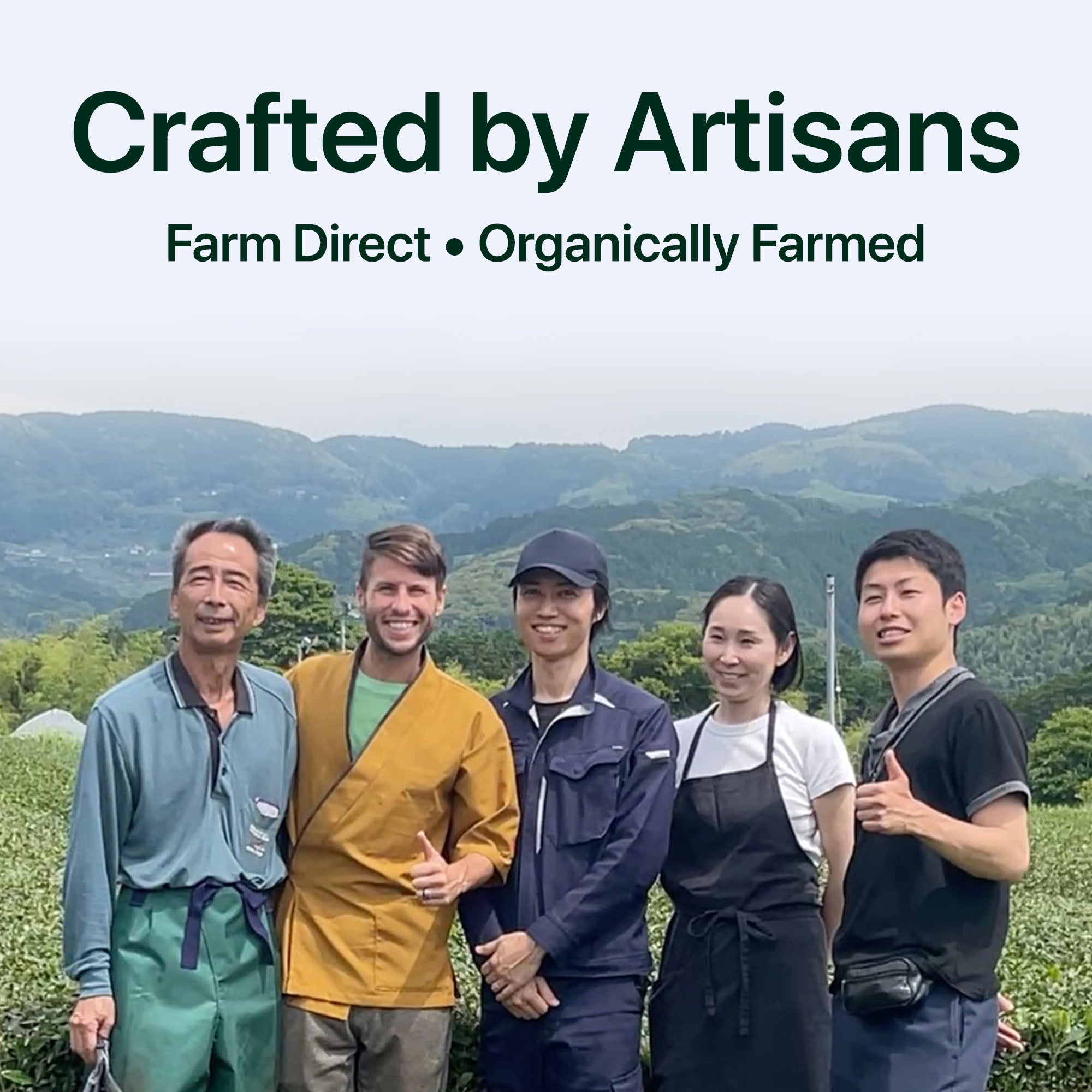Group of artisans in a tea field, showcasing organic farming practices for ceremonial matcha.