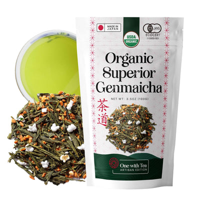 Organic Genmaicha green tea blend with roasted brown rice, featuring popcorn and green tea leaves, by ONE WITH TEA.