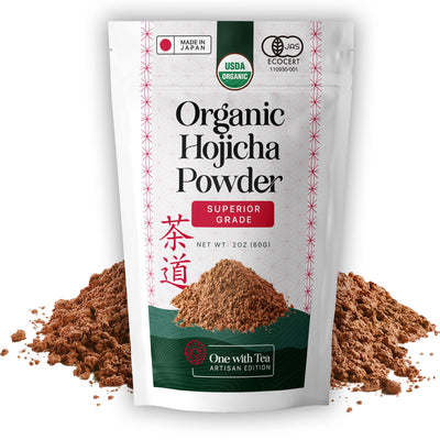 Organic Hojicha Powder in a 2 oz bag, USDA Organic, superior grade, with a rich brown color and finely grounded texture.