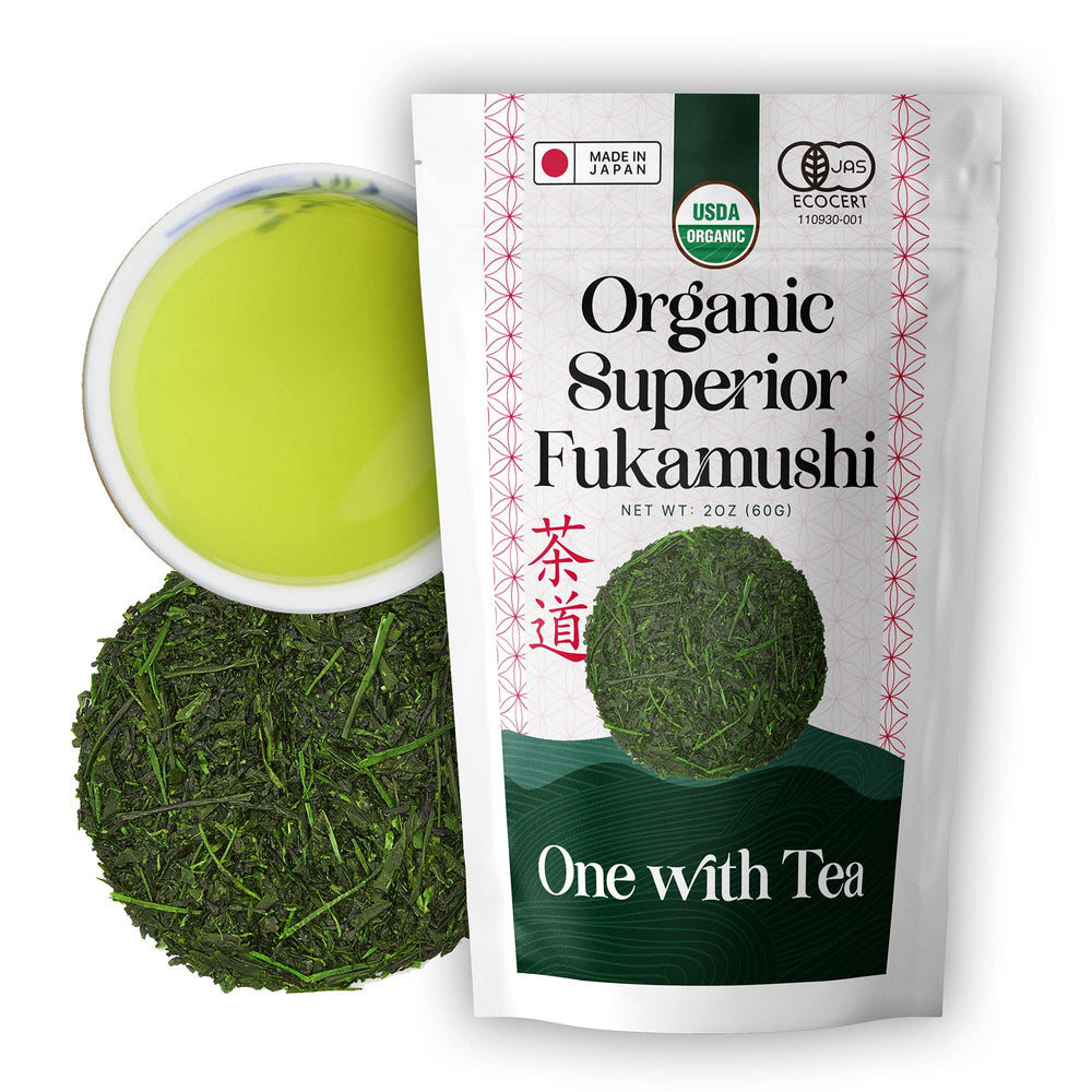 Organic fukamushi sencha deep-steamed Japanese green tea, whole loose leaf in a resealable pouch