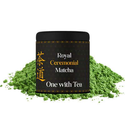 Royal Ceremonial Matcha from the brand One with Tea in a black tin with green powder around it on a white background