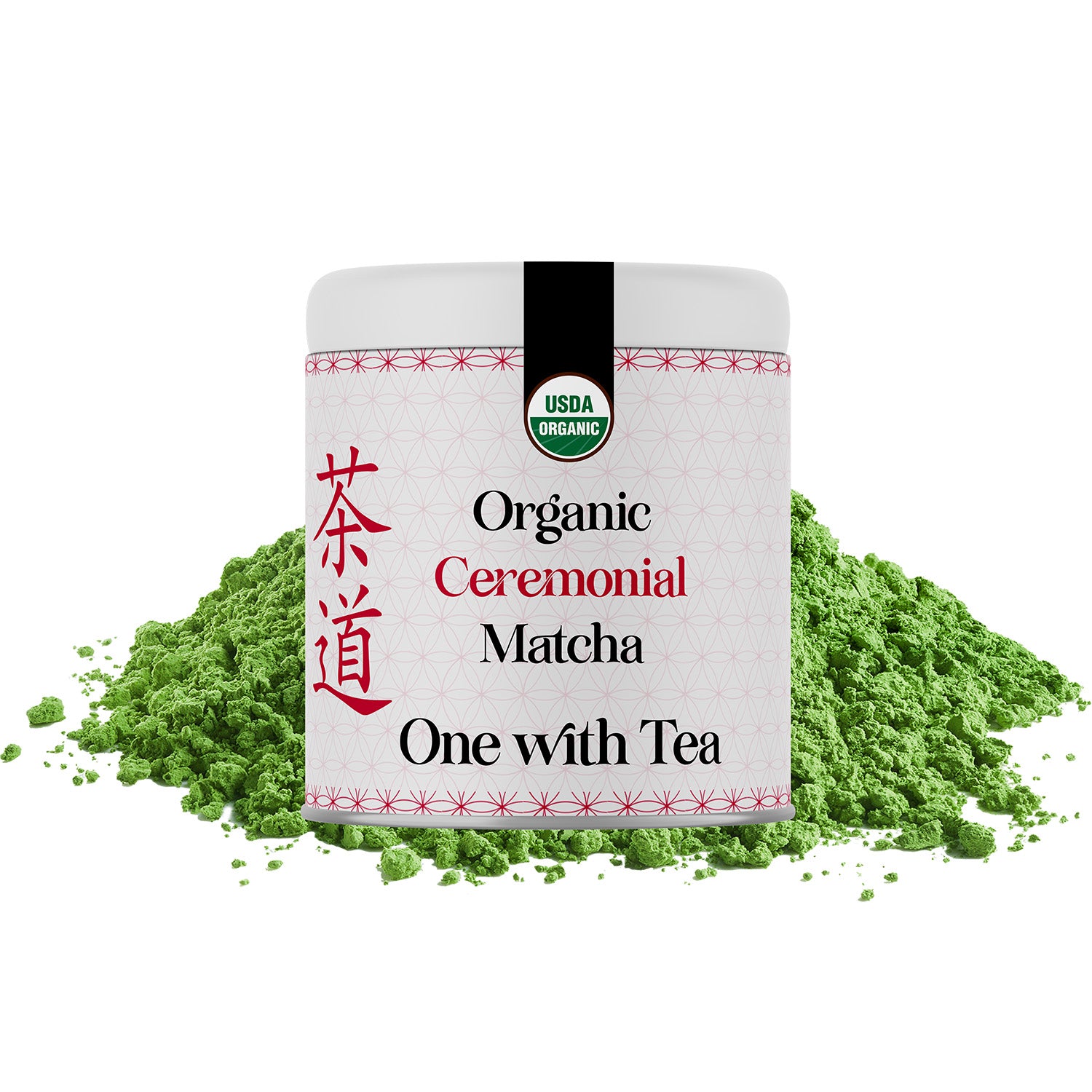Organic Ceremonial matcha powder from the brand One with Tea in a white tin labeled 'Organic Ceremonial Matcha"